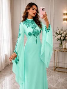 Women Polyester Abaya <b>Dress</b> Beautiful Beaded Detailing Long Sleeve <b>Modest</b> Silhouette Dubai Style Eid Ramadan Wedding <b>Party</b> - Product Image 3