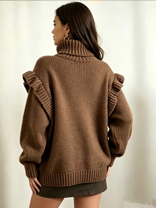 Suéter de cuello alto para mujer, a la moda, con volantes en los hombros, holgado, de manga larga, informal, para otoño e invierno - Product Image 3