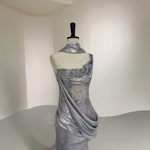 Nt132 Custom Couture <b>Silver</b> Mermaid Evening <b>Dress</b> With Metallic Fabric Beaded Lace And Draped Shoulder Scarf Jancember - Product Image 2