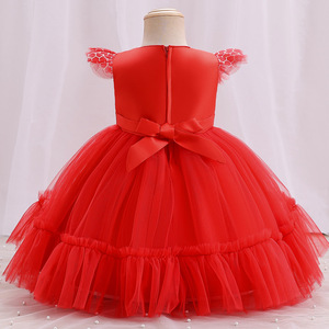 Robe de bal en tulle rouge pour bébés filles, robe de princesse pour le premier anniversaire, col rond avec volants et ceinture florale - Product Image 3
