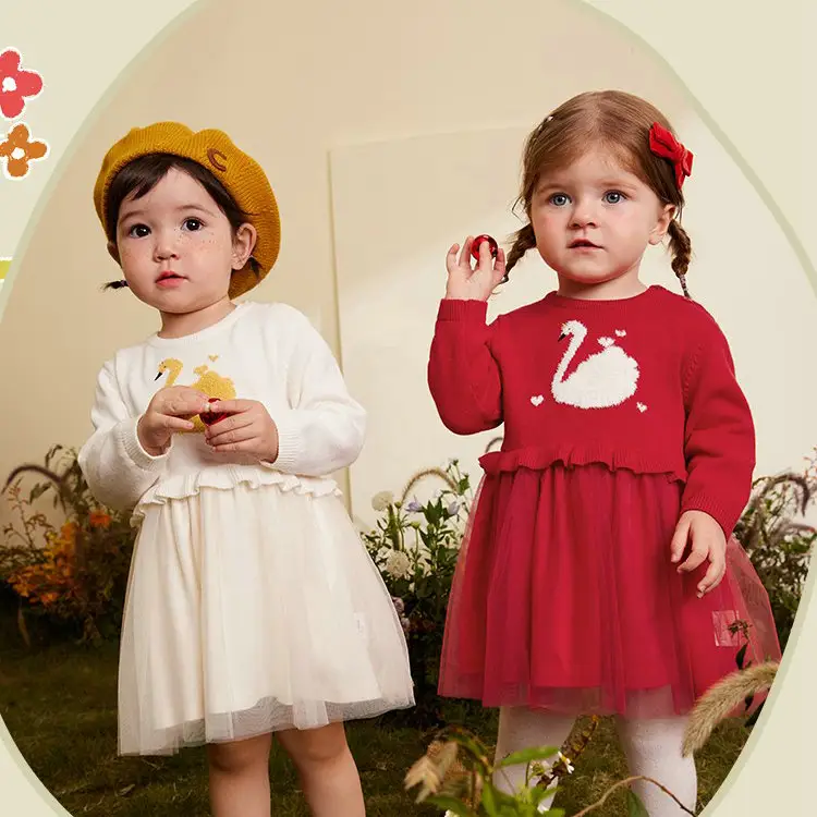 Custom Kids baby girl long sleeve Sweater stitching dress Cartoon Swan Embroidery kint Princess dress