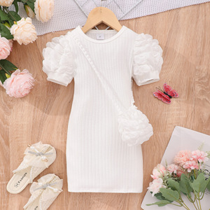Abito a bolle manica corta per ragazze tessuto a maglia leggera con decorazione a bottone di piccole medie dimensioni per bambini tinta unita estate - Product Image 3