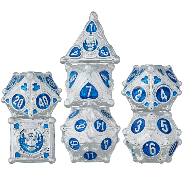 Silver Tone Blue Metal Dice Set 7pcs Premium All Metal Craft for Dungeons and Dragons RPG Party Games