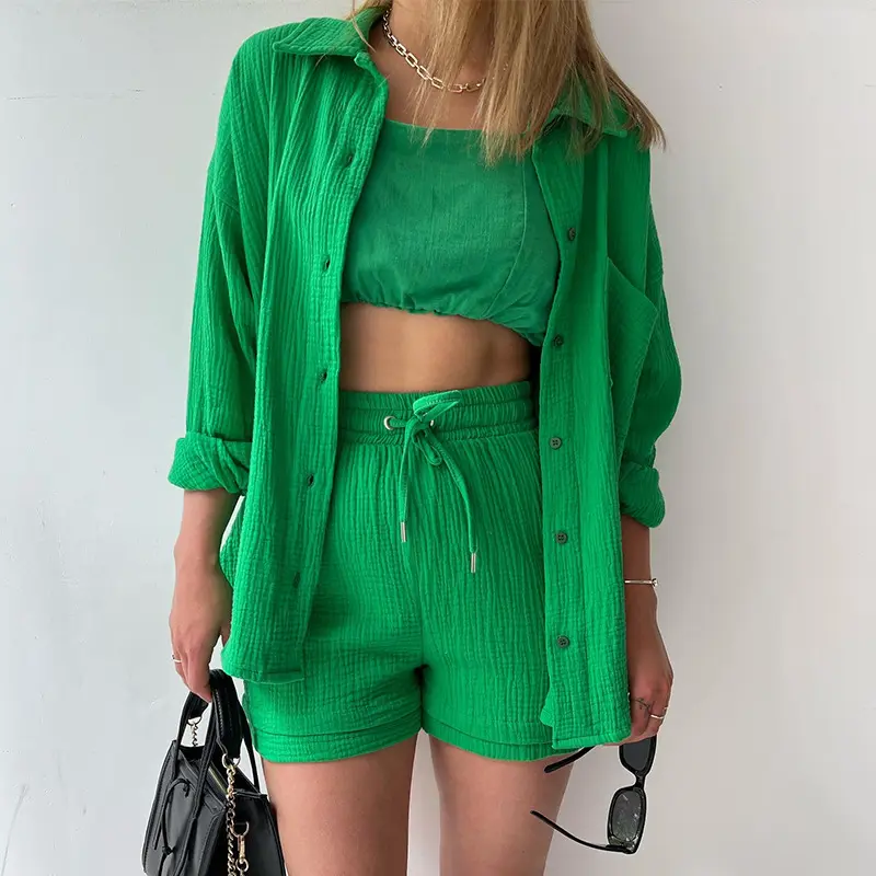 Wrinkled Cloth Women Casual Set Turn Down Collar Long Sleeve Shirt + High Waist Drawstring Shorts New Lady Summer Autumn Suit