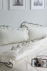 <strong>Luxury</strong> French Style White Ruffled <strong>Bedding</strong> <strong>Set</strong> with <strong>Black</strong> Trim -Satin Soft Duvet Cover Pillowcases - Product Image 3