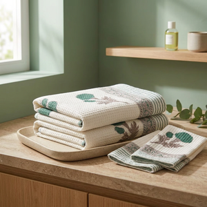 Juego de 2 Toallas de Mano y 1 Toalla de Baño de Algodón Waffle, Bordado con Hojas, Estampado a Mano, Absorbente, Ecológico, Decoración Personalizada para el Hogar - Product Image 2