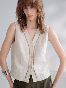 <strong>Women's</strong> <strong>Linen</strong> Blend V-Neck Vest Sleeveless Button-Front Top with Hollow-Out Trim Breathable Summer Layering <strong>Waistcoat</strong> - Product Image 2