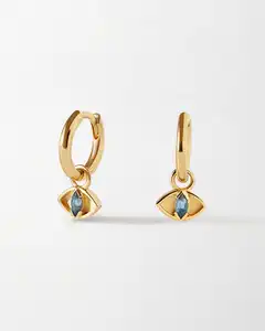 Dainty Trendy 925 Silver Sterling 18K Gold Plated Blue Zircon Setting Evil Eye Dangle Pendant Hoop Earrings