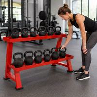Support de rangement commercial à deux niveaux pour kettlebells et poids libres, organisateur d'équipement d'entraînement de force pour salle de sport et centre de fitness