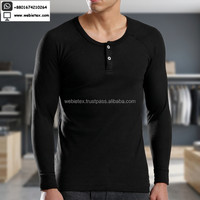 T-shirts Henley à manches longues pour hommes, couleur unie, 100% coton, teint en fil, design vierge, service OEM du Bangladesh