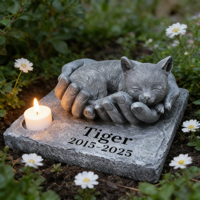 Statue commémorative de chat en résine - Nom/date gravable, design tenant la main avec support de bougie, accent oral, idéal pour marquer un jardin