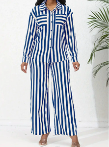 패션 세련된 캐주얼 홈 아웃 스트라이프 버튼 다운 셔츠 팬츠 수트 - Product Image 2