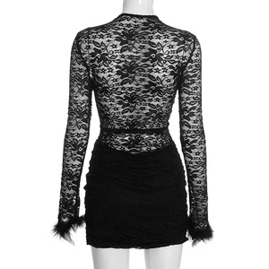 Nuovo Abito Lungo da Donna in Tinta Unita ed Elastico, Sexy con Pizzo Traforato, Maniche Lunghe, Collo Tondo e Dettagli Incrociati sul Petto - Product Image 6