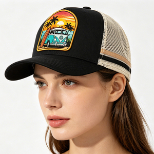 Casquette Trucker <span class=keywords><strong>en</strong></span> Maille Rayée Bicolore avec Logo Patch Tissé Personnalisé Motif Palmier de Plage, OEM ODM, Réglable, pour Sport et Activités de Plein Air - Product Image 4