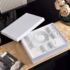 Tasse à café et soucoupe en céramique à motif de grille lumineuse moderne, finition dorée minimaliste, tasses à expresso en porcelaine pour la maison et le bureau - Product Image 2