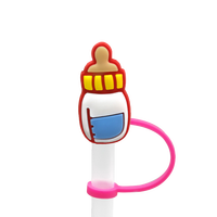 Vente en gros de breloques de paille réutilisables en silicone anti-éclaboussures, personnalisées, motif animal kawaii rose, style preppy, accessoires de bar