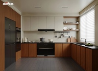 Lemari Dapur Kustom Laminasi Kayu Beige Dua Warna dengan Rak Pajangan Terbuka LED, Oven Terintegrasi, Kulkas, Modular untuk Apartemen