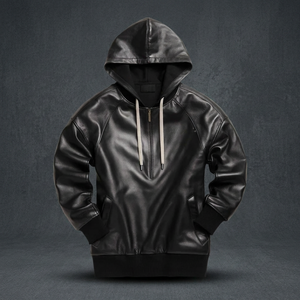 Veste à capuche en cuir PU noir pour homme, coupe décontractée, demi-zip, pour l'automne - Product Image 4