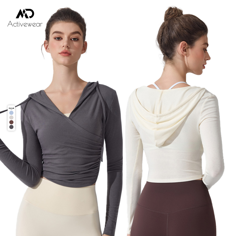 Fashion Women's Hooded Yoga Wear Long-sleeved Waist-cinching Slimming Running Sports Smock Breathable Pilates Fitness Top