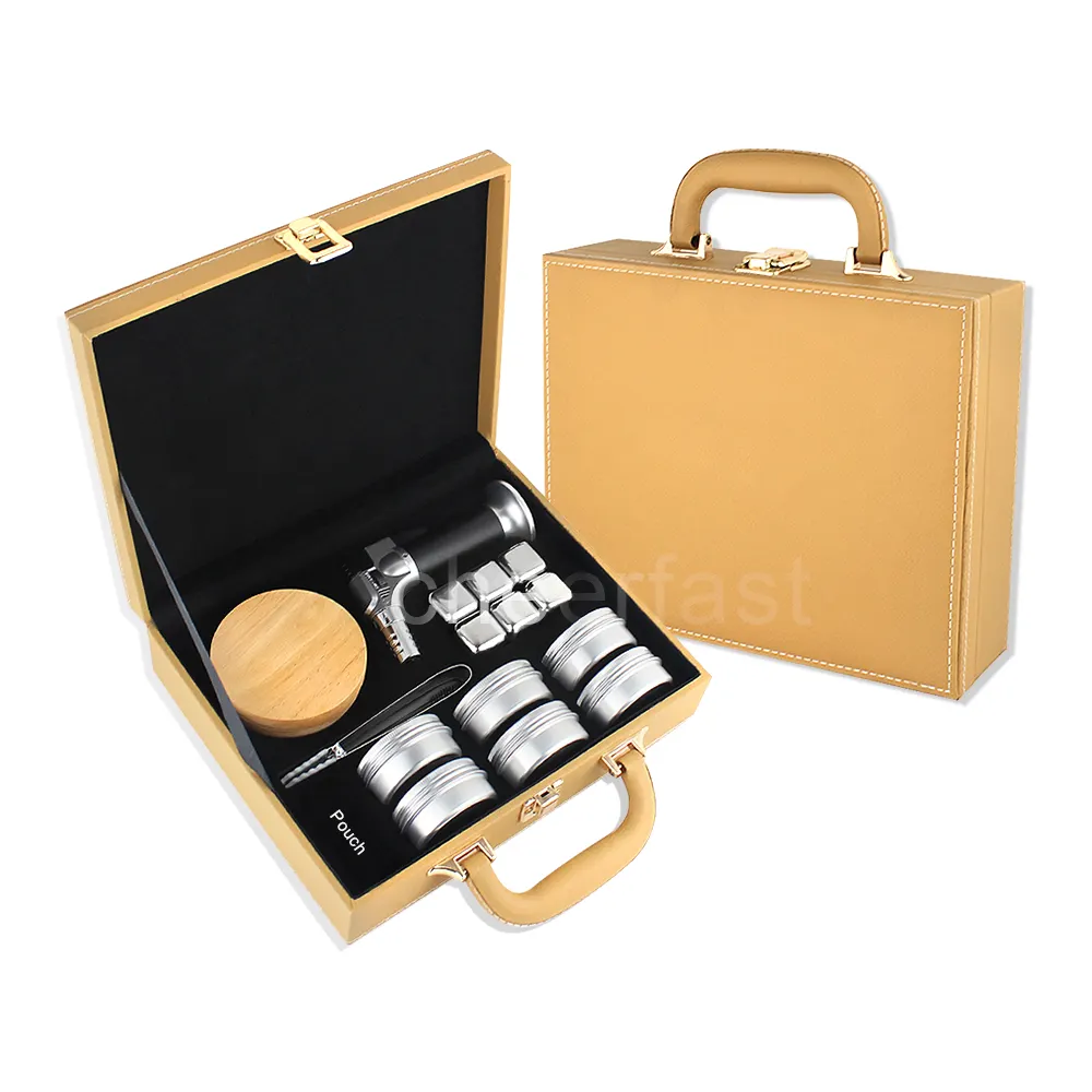 Barman Personnalisé Fumé 6 Sortes Différentes Saveurs Copeaux De Bois Cocktail Fumeur Kit Coffret Cadeau Cocktail Fumeur Kit Pu Cuir