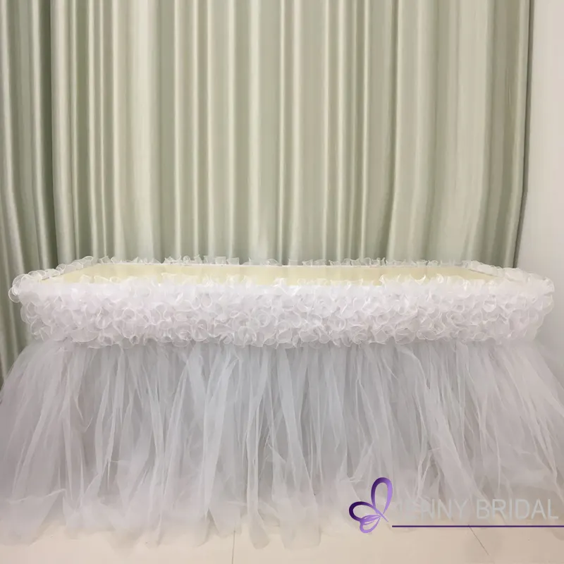 TC158B-falda de mesa de tul Hawaiano con volantes de organza rectangular, Blanca, para pastel, tutú básico, diseños de rodapiés de mesa para bodas
