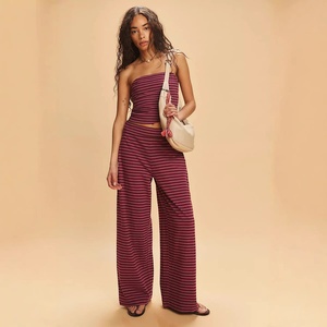 Matching Two Piece Coords Loungewear Striped Strapless Crop Tube <strong>Top</strong> <strong>and</strong> Wide Leg Pants <strong>Trousers</strong> <strong>Set</strong> <strong>for</strong> Women <strong>Ladies</strong> - Product Image 1