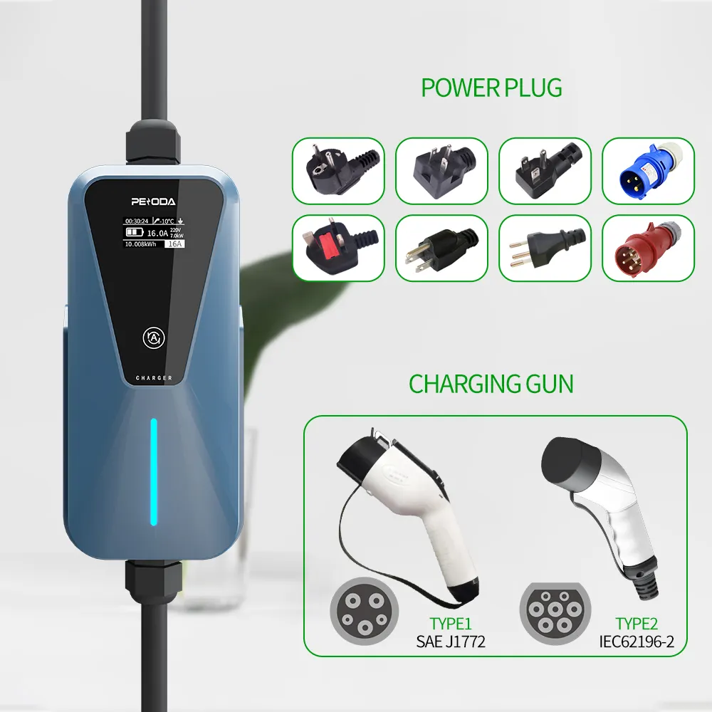 32A Home EVSE EV Pile de charge 7kw Chargeur EV portable avec connecteur Type2 ou Type1 Support OEM