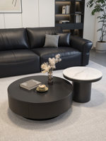 Table basse en métal de style italien, luxe léger, haut de gamme, plateau en dalle de pierre, rangement intégré, design moderne et minimaliste pour salons de petite taille