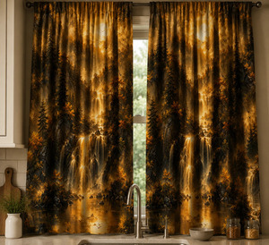 Decorative Waterfall and Forest Velvet Blackout Curtain Each Panel Art Nouveau Inspired Scenic <b>Window</b> Drapery for Living Room - Product Image 1