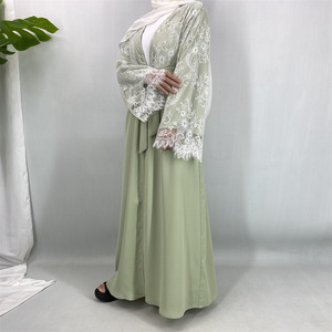 Abaya Sharut OEM/ODM Dubaï pour le Ramadan et l'Aïd, robe islamique pour femmes musulmanes, kimono modeste en dentelle, abaya ouverte en Nida avec hijab assorti - Product Image 4