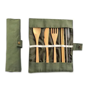 环保可重复使用的木制竹子旅行野营餐具餐具套装