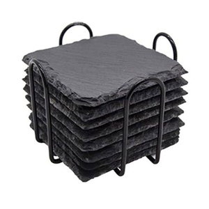Posavasos de pizarra cuadrados redondos naturales de 8 piezas al por mayor con soporte de acero un juego para uso en la Mesa - Product Image 2