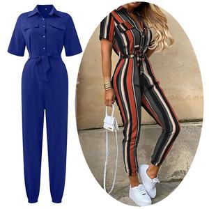 Combinaisons formelles manches courtes combinaison légère cravate taille <span class=keywords><strong>multicolore</strong></span> rayé barboteuse vêtements décontractés femmes salopette - Product Image 1