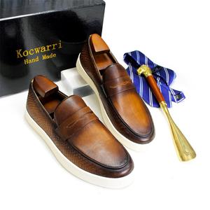 Mocassins en cuir de vache bruni pour hommes, <span class=keywords><strong>chaussures</strong></span> décontractées à semelle blanche, <span class=keywords><strong>chaussures</strong></span> de marche confortables, mocassins faits à la main - Product Image 3