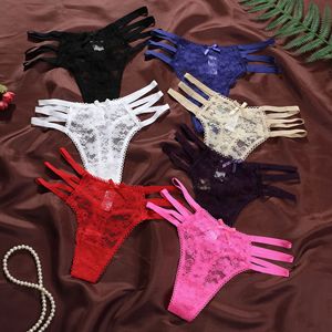 Tanga de encaje floral para mujer con tiras laterales múltiples, lazo y diseño hueco, de talle bajo, sexy, lencería tipo G-string, bragas, venta al por mayor OEM ODM - Product Image 4
