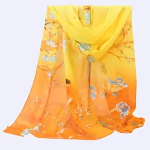 100% pure chiffon yellow shawl flower and bird print multi color scarf for women transparent lightweight scarf
