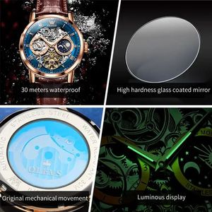 OLVES 6670 Reloj de cuero de oro rosa hueco totalmente automático para hombre con logotipo de diseño 3D Pantalla de esfera de puntero resistente al agua - Product Image 4