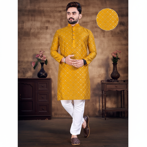 นักออกแบบชุดเทศกาลหมั้นแต่งงานสุดพิเศษสีสดใสของผู้ชาย Kurta ผ้าฝ้ายหนักพร้อมกระจกทำงานกระเป๋าด้านข้างทั้งสองข้าง - Product Image 1