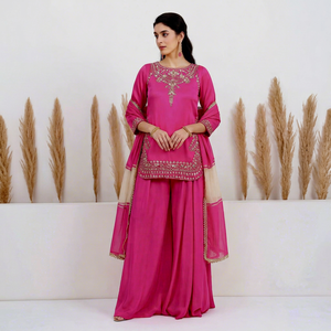 <b>Women</b> Pink Embroidered Straight <b>Kurta</b> Palazzo Dupatta Set Indian Ethnic Party Wear - Product Image 1