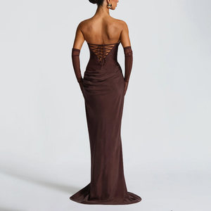 ZYHT 73492 Abito da Sera di Lusso Personalizzato in Raso per Donna <span class=keywords><strong>Vestito</strong></span> Lungo Elegante Senza Spalline Sexy da Festa <span class=keywords><strong>con</strong></span> <span class=keywords><strong>Guanti</strong></span> - Product Image 1