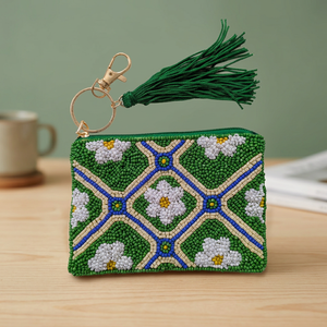 Pochette à monnaie carrée en coton perlé faite à la main, broderie, portefeuille à fermeture éclair, porte-clés à pompon, design personnalisé, voyage, mode, famille - Product Image 3