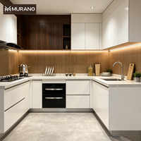 Meuble de cuisine moderne en forme de L, armoire supérieure brillante avec armoire de rangement inférieure en bois foncé