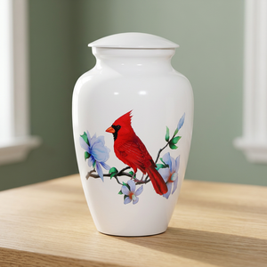 Urna Decorativa Redonda con Diseño de Cardenales Rojos y Flores Azules, Estilo Tradicional Hecho a Mano para Ocasiones de Condolencia, Dropshipping - Product Image 2