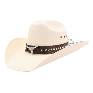 หมวกฟางปีกกว้างสีขาว N38 ป้องกันแสงแดด ทำด้วยมือ พร้อมสายคาดรูปหัวกระทิง - Product Image 4