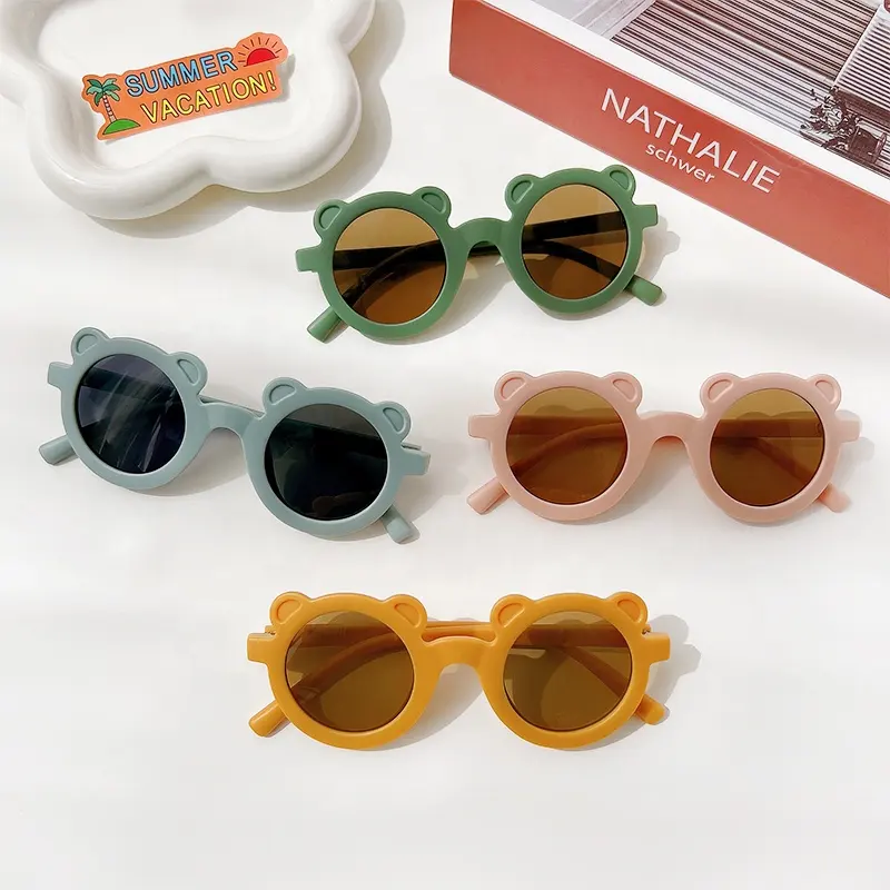 2022 Summer custom logo Unisex Silicone Cute Bear Cartoon Round Trendy Fashion Style UV400 Children Baby kids Sunglasses