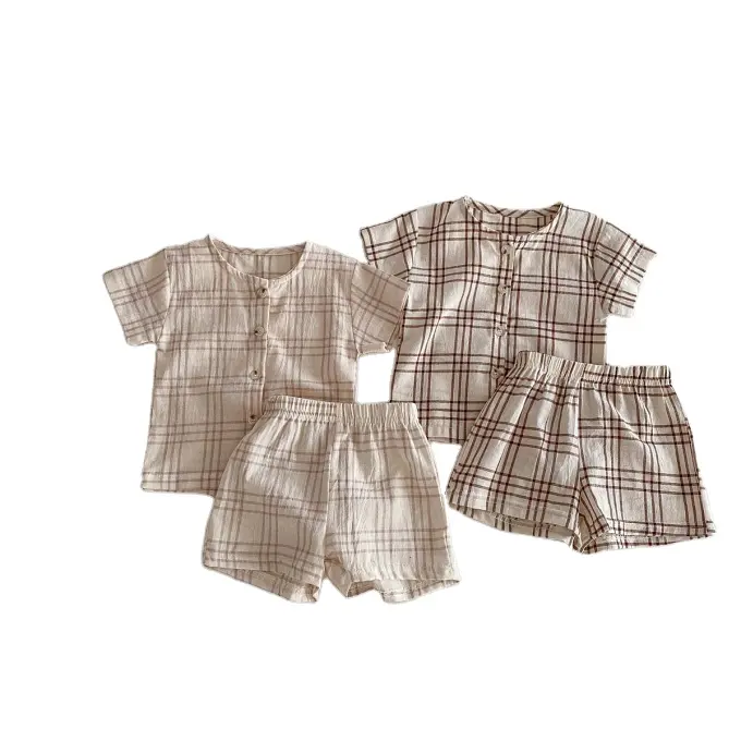 Conjunto de blusa xadrez casual para bebês meninos e meninas, shorts soltos e calças soltas, 2 peças, verão 2024, ideal para crianças pequenas