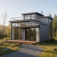 Maison d'hôtes mobile en structure acier avec terrasse à double niveau et vitrage panoramique