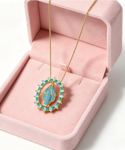 Collier pendentif Notre-Dame de Guadalupe en laiton plaqué or 18 carats avec zircon cubique bleu marquise, bijoux religieux catholiques Vierge Marie, vente en gros - Product Image 2