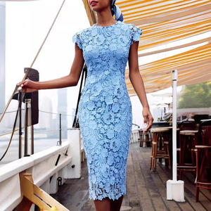 Nouvelle robe mi-longue en dentelle à col rond et manches courtes pour femmes - Product Image 2