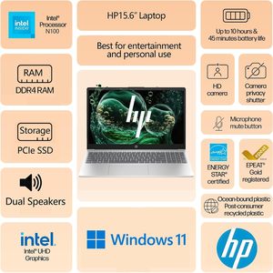 เอชพี แล็ปท็อปขนาด 15.6 นิ้ว หน้าจอ FHD โปรเซสเซอร์อินเทล N100 แรม 16GB 1TB SSD วินโดว์ 11 รุ่นนักศึกษาเพื่อการศึกษา - Product Image 2